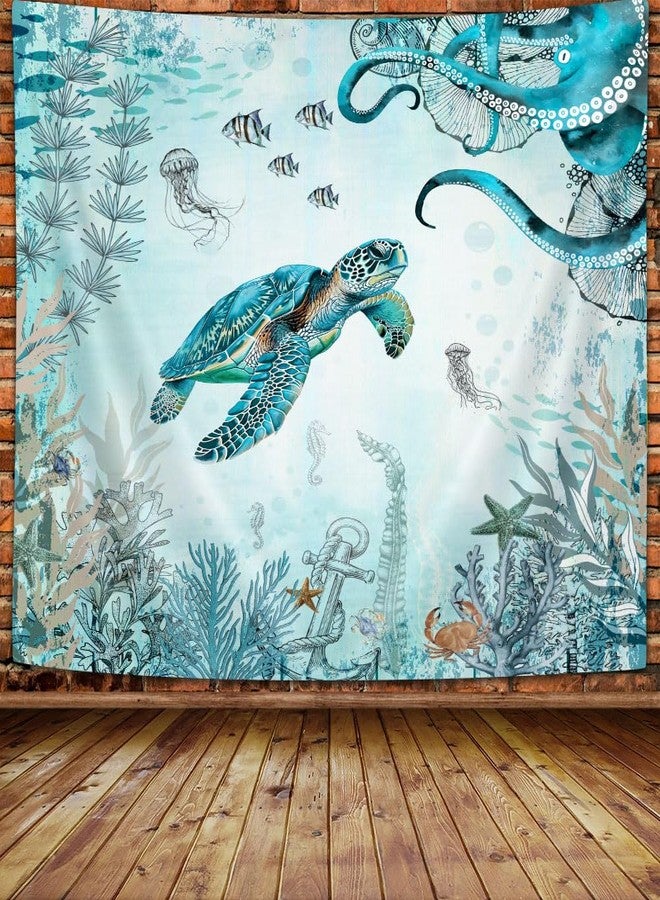 Wathon Sea Turtle Octopus Tapestry Blue Teal Ocean Wall Tapestry for Bedroom, Underwater Animal Seashell Jellyfish Coastal Nautical Tapestries, Sea Wall Art Poster for Dorm Home Decor 60X40IN - Image 1